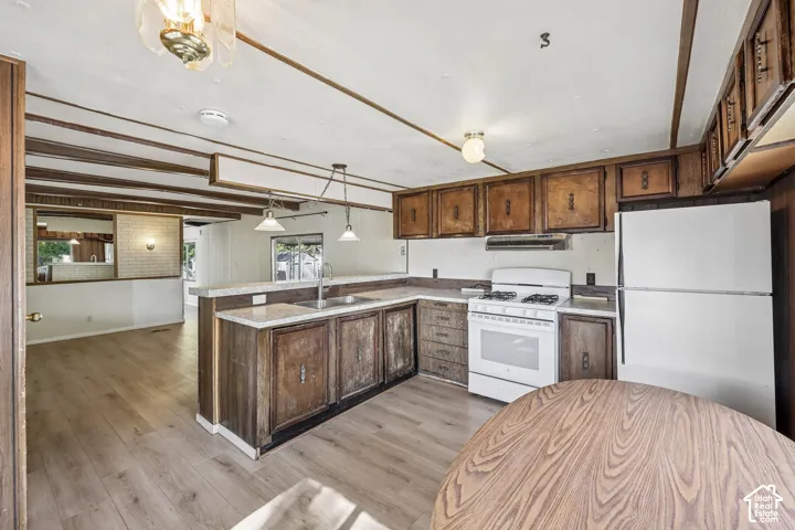 Kitchen featuring a white gas range, white refrigerator, and wood-finish flooring