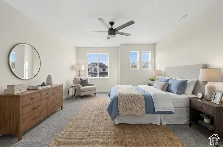 Carpeted flooring, multiple windows providing ample natural light, ceiling-mounted fan fixture, and a built-in wall mirror