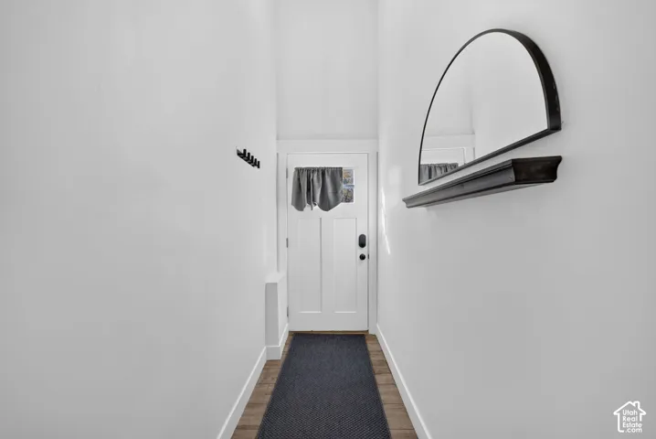 White paneled entry door with black hardware, wood-finish flooring, and light-toned walls
