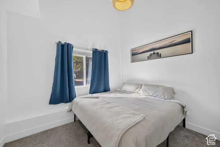 White painted walls with wall-to-wall carpeting and a single window with blinds