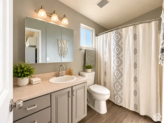 Bathroom featuring a vanity with grey cabinetry, a solid-surface countertop with an integrated basin, a three-light fixture, a tri-fold medicine cabinet, and wood-finish flooring