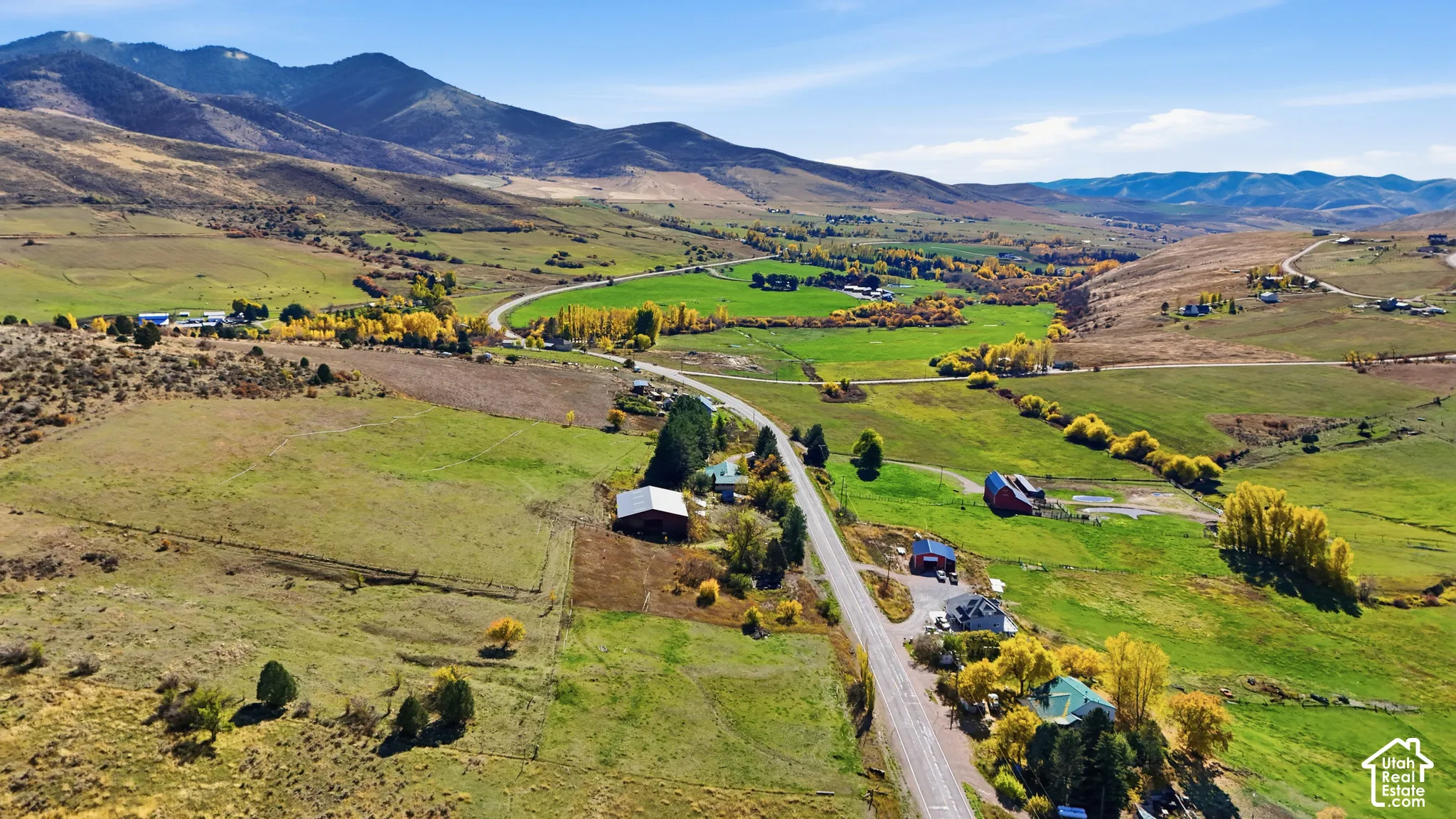 Aerial landscape featuring expansive pasture acreage, mature trees, and mountainous terrain