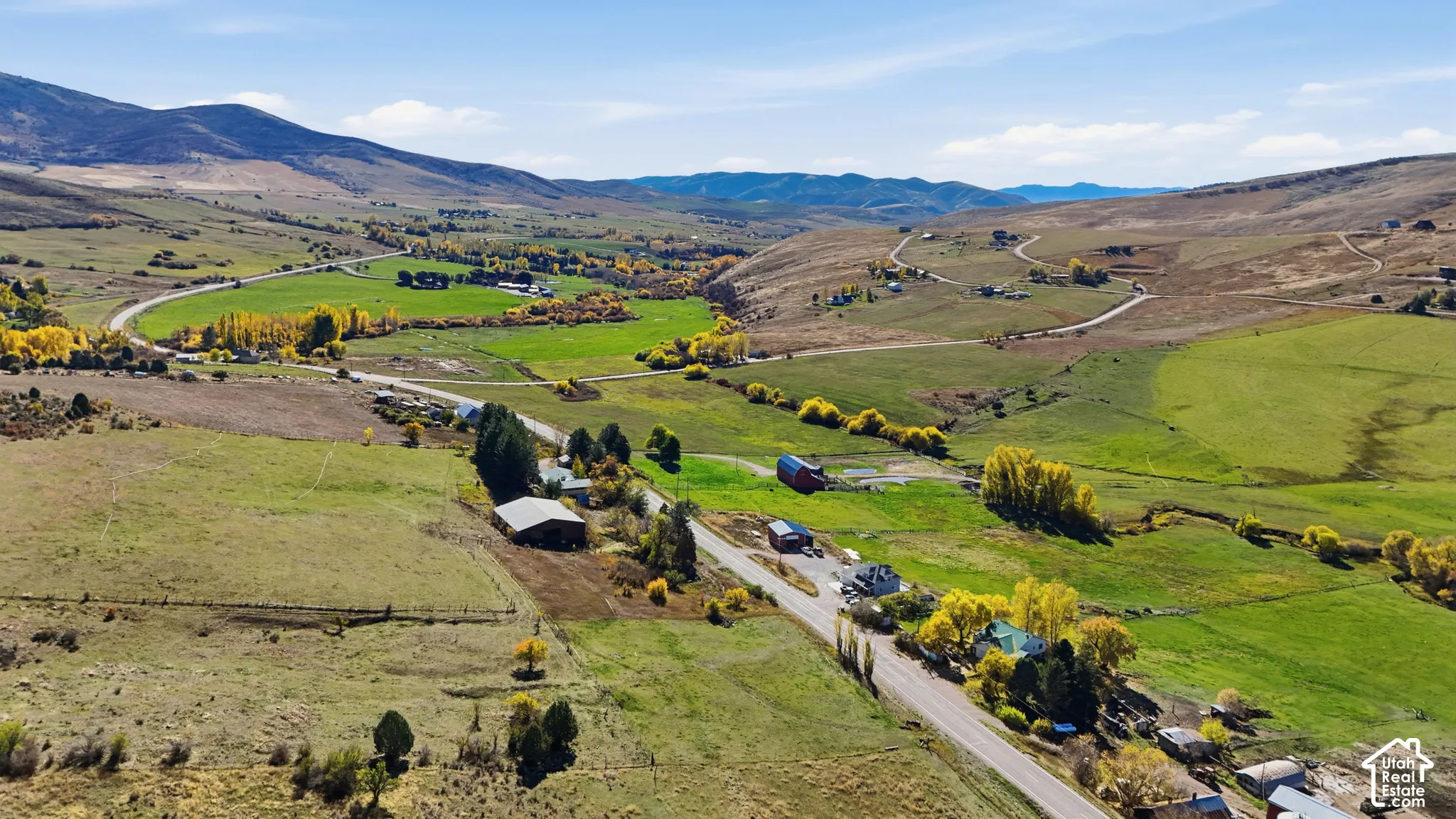 Aerial landscape featuring expansive pasture land, mountainous terrain, and mature stands of trees