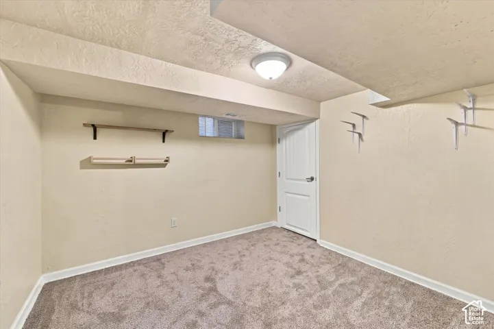 Neutral-toned room featuring textured ceilings, wall-to-wall carpeting, a recessed window, a multi-panel door, and built-in wall shelving