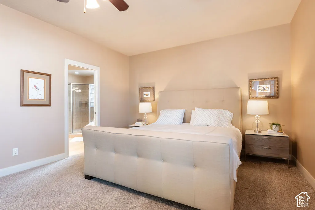 Carpeted flooring throughout, neutral wall tones, and overhead lighting with ceiling fan