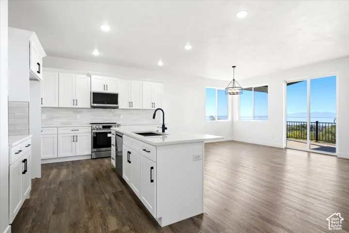 Open-concept kitchen with white shaker cabinetry, stainless steel appliances, and wood-finish flooring