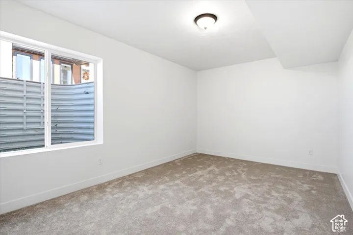 Neutral-toned carpeting, white walls, and a window with a window well