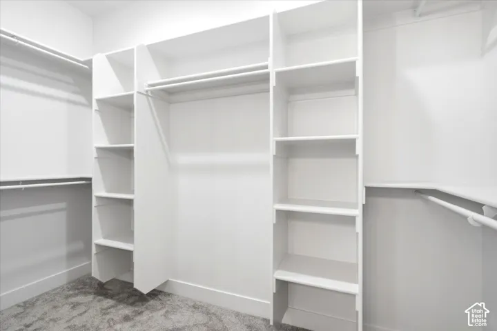 Custom built-in shelving, multiple hanging rods, corner shelving unit, and grey carpet flooring
