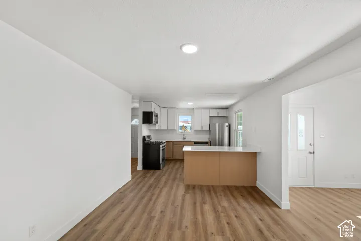 Open-concept living space featuring wood-finish flooring, recessed lighting, and a kitchen with white cabinetry