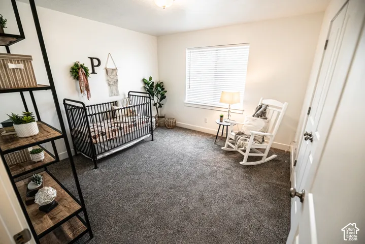 Light-filled room featuring plush gray carpeting, white painted walls, and a single window with horizontal blinds