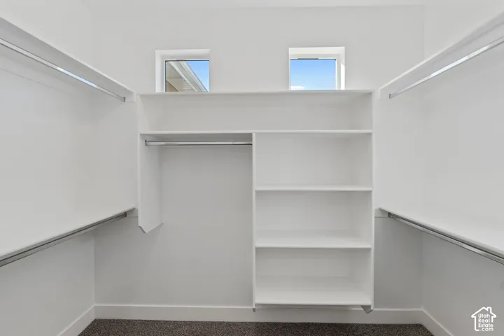 Built-in shelving, multiple hanging rods, and twin windows