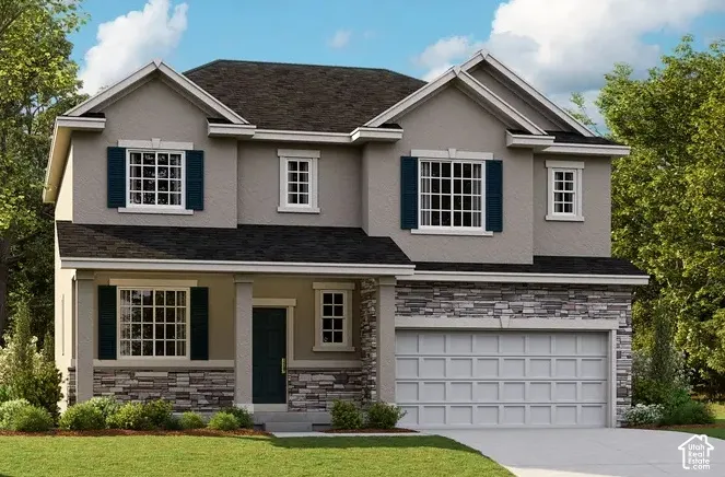Two-story residence featuring a stucco and stacked stone exterior, multi-pane windows with decorative shutters, a covered front entry, and an attached two-car garage