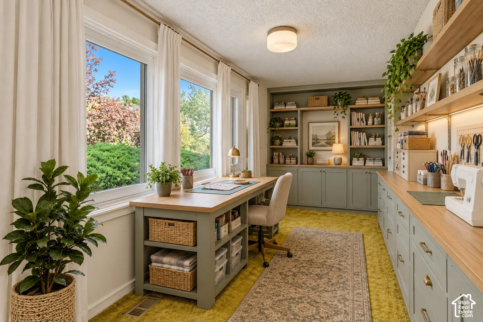 Built-in cabinetry and shelving, extensive wood-finish countertops, multiple large windows, and a flush mount ceiling light