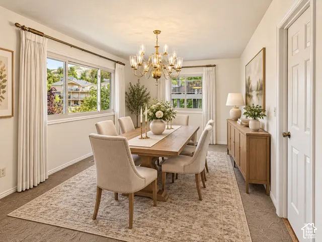 Dining space featuring a substantial wood-finish table, multiple windows, a brass chandelier, and a paneled door