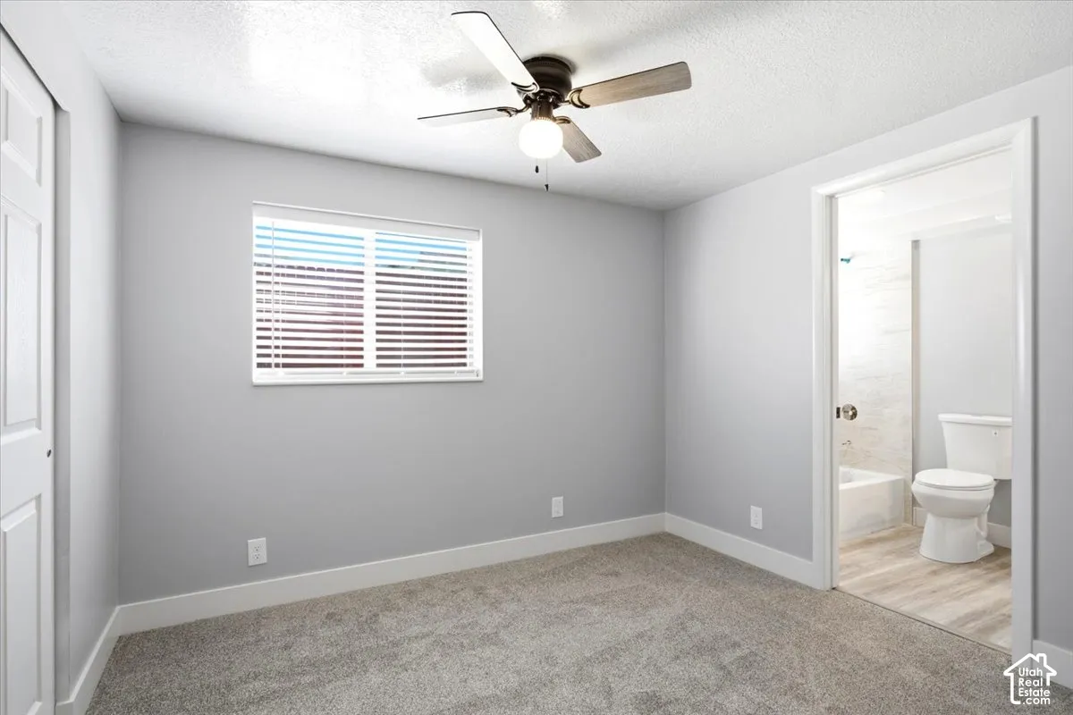 Carpeted room with a ceiling fan, window with blinds, and white trim