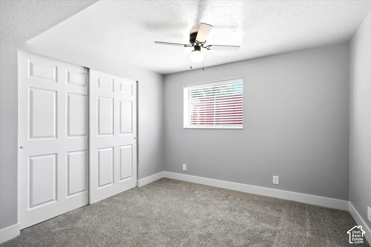 Plush carpeted flooring, gray painted walls, window with horizontal blinds, ceiling fan, and white panel sliding closet doors
