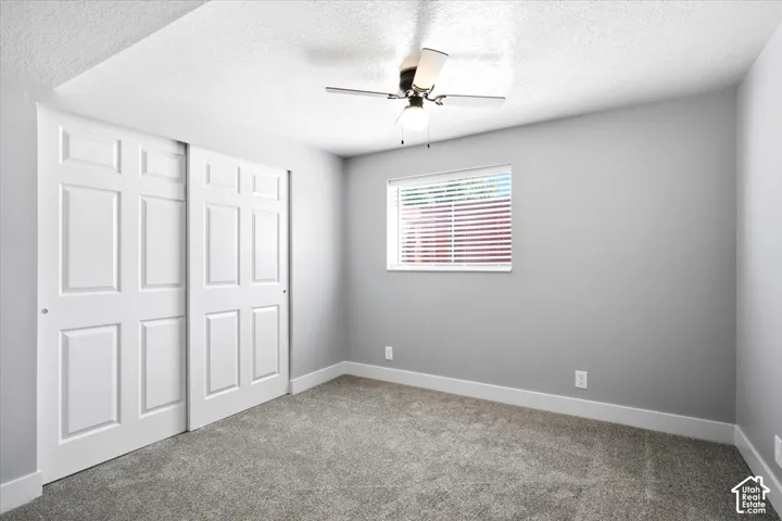 Plush carpeted flooring, gray painted walls, window with horizontal blinds, ceiling fan, and white panel sliding closet doors