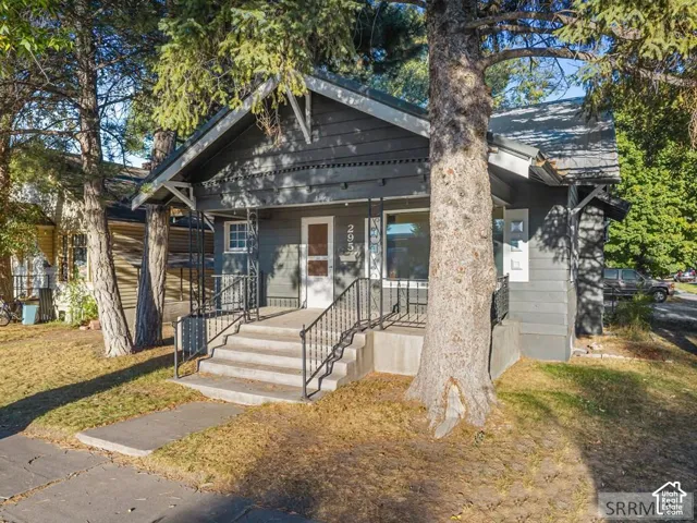 Gabled roofline with exposed rafter tails, board and batten siding, multiple mature trees, concrete porch with wrought iron railing, and a white front door