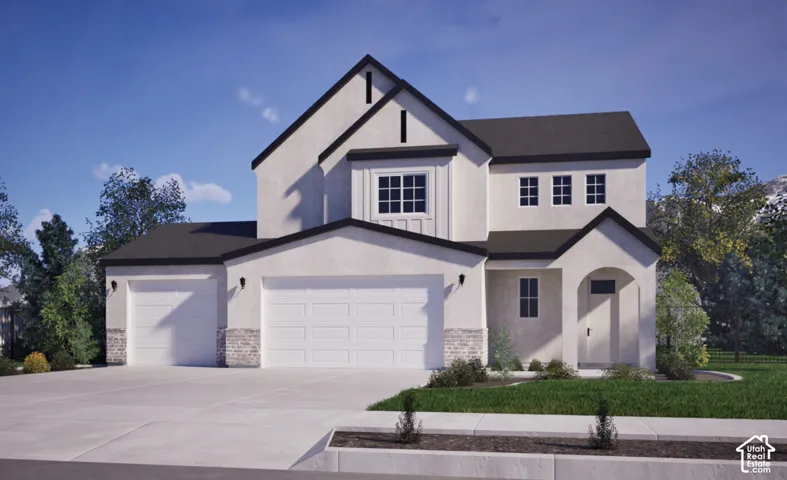 Two-story exterior featuring light-toned stucco siding, decorative brick accents, a pitched roof, a covered entryway, and a three-car garage