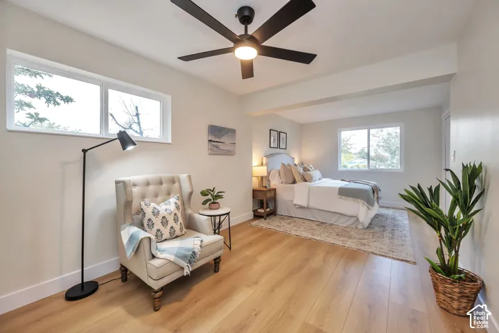 Spacious primary bedroom suite with hardwood flooring, abundant natural light from multiple windows, ceiling fan with integrated lighting, and a separate sitting area with black floor lamp