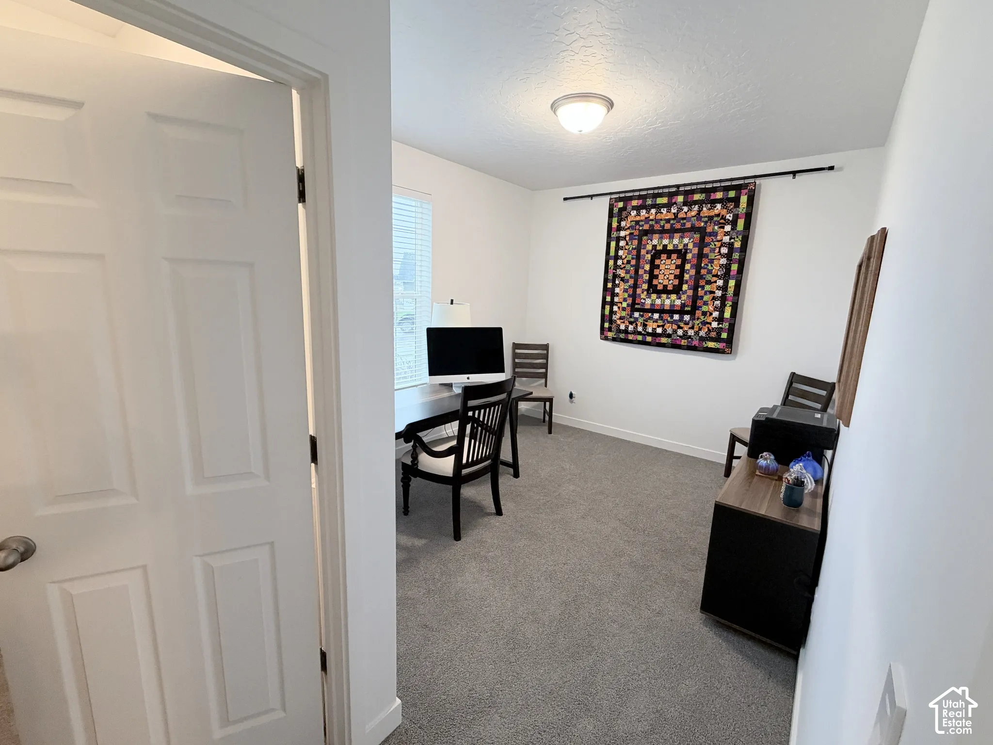 Carpeted room featuring a white paneled door, a single window with blinds, and an overhead flush-mount light fixture