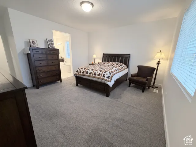 Plush carpet flooring, recessed ceiling lighting, and a window with horizontal blinds