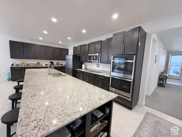 Spacious kitchen featuring an extended island with integrated sink, dark wood-finish cabinetry, stainless steel appliances, and recessed lighting