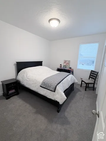 Bright bedroom featuring carpet flooring, a large window with blinds providing natural light, ceiling-mounted fixture, and ample wall space