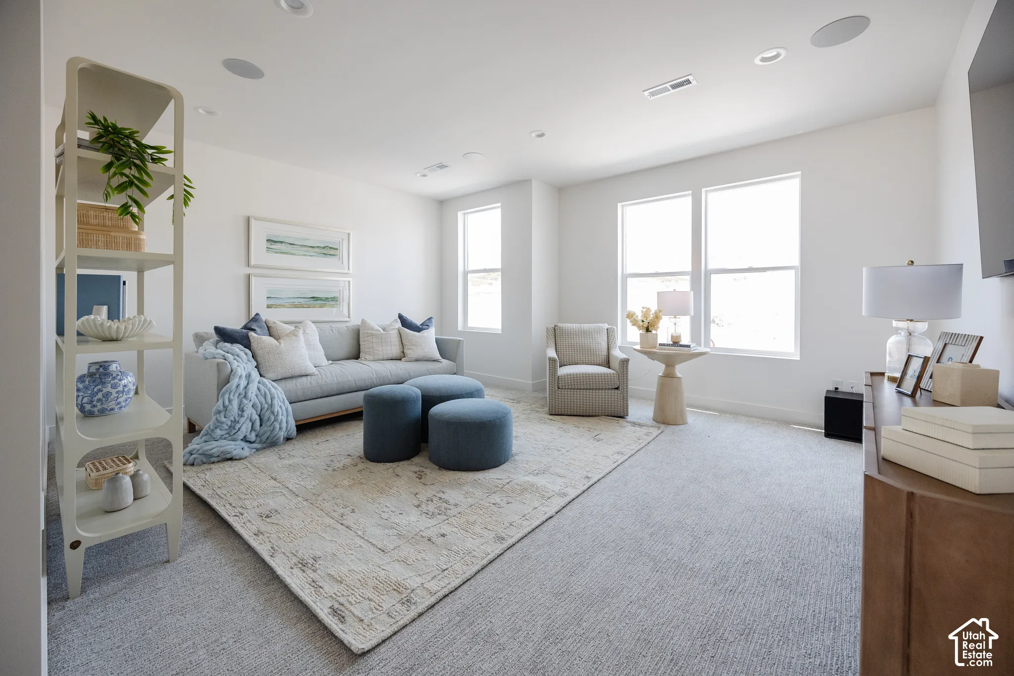 Recessed lighting, multiple windows, built-in shelving, carpet flooring, and a flat-panel television mount