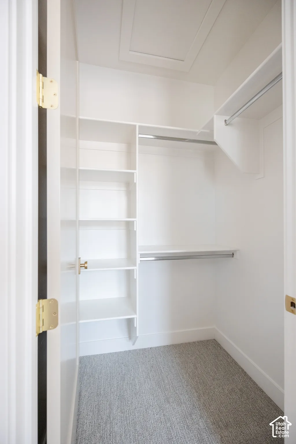 Built-in shelving, two clothing rods, and light gray carpeting