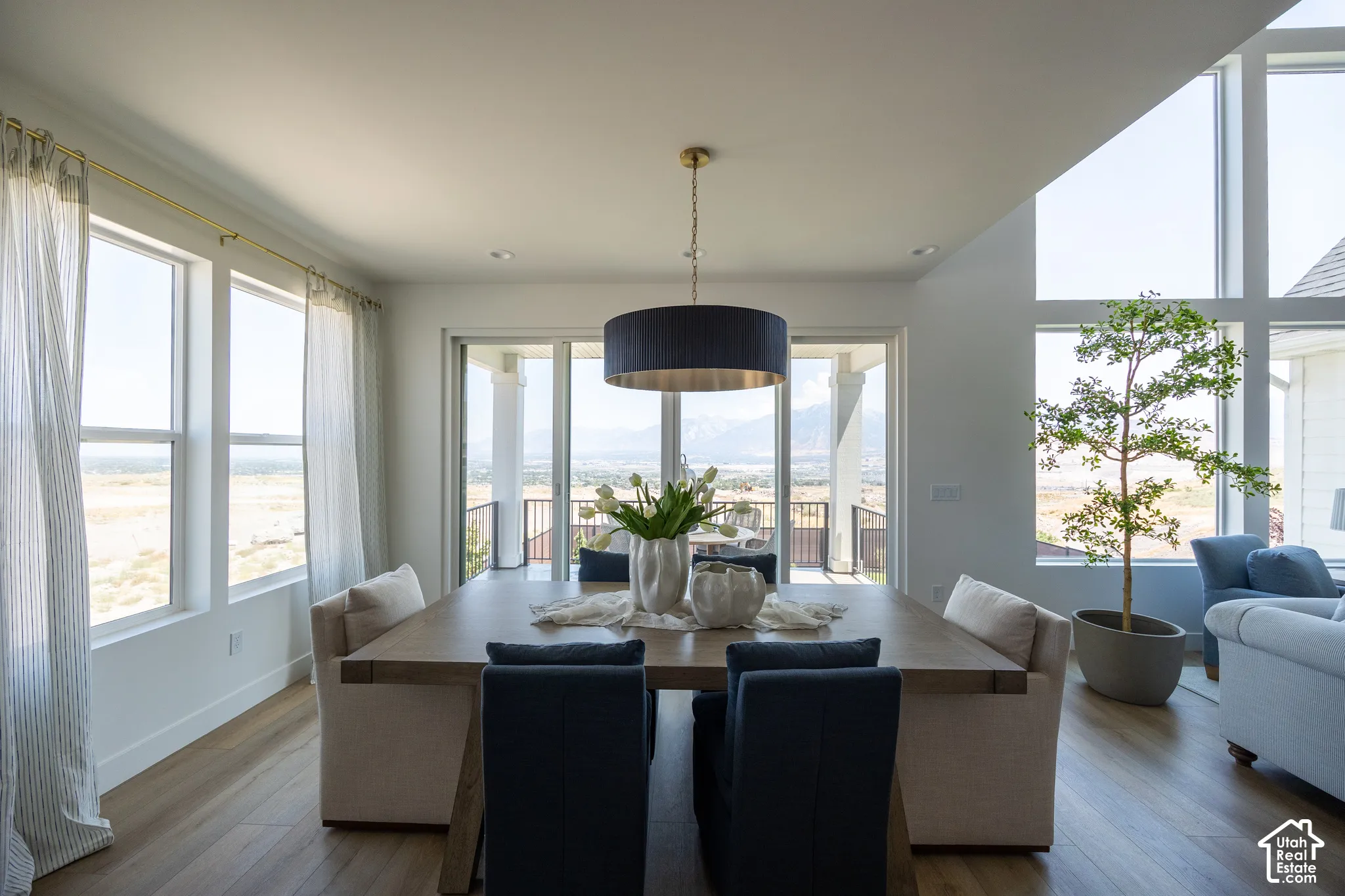 Formal dining area featuring wood-finish flooring and a central drum pendant light