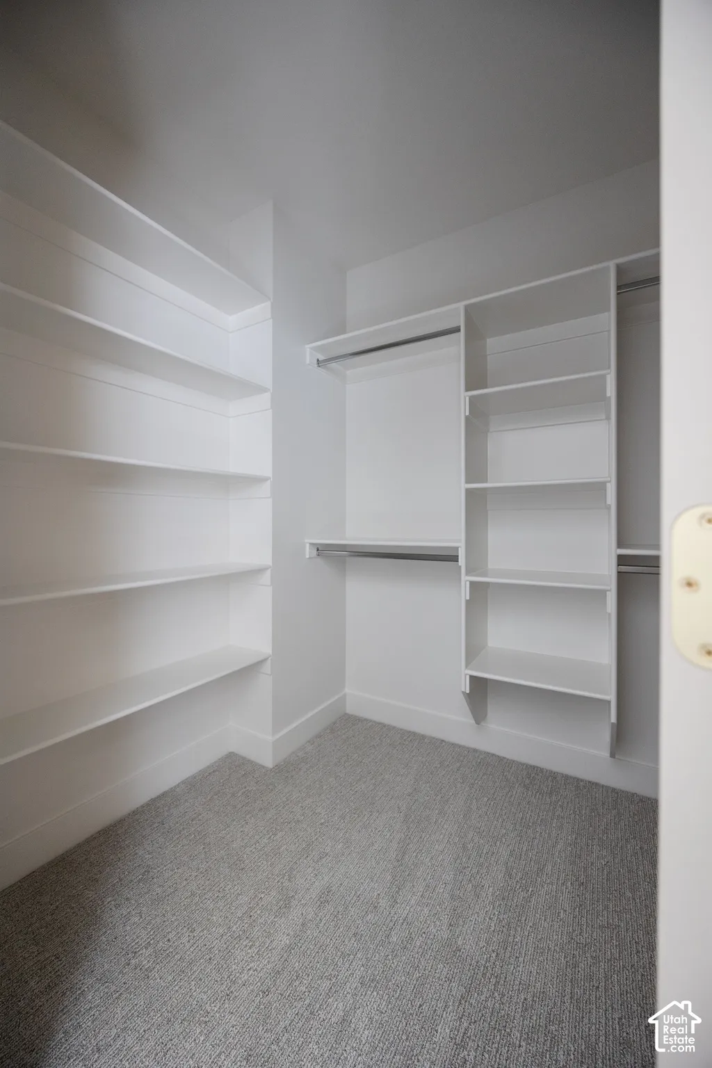 Walk-in closet featuring extensive built-in shelving, hanging rods, and light gray carpeting