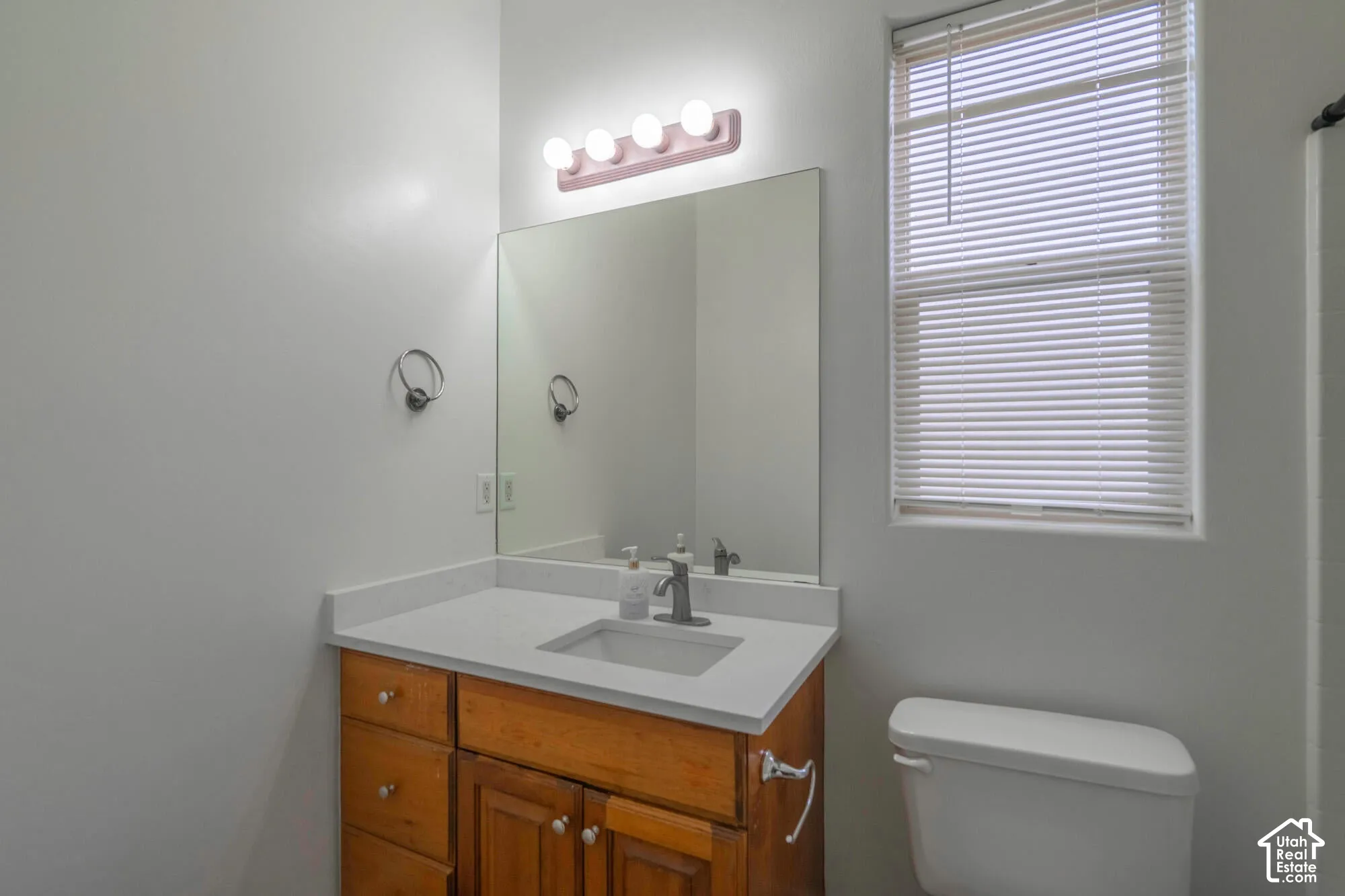 Wood-finish vanity with a white countertop and integrated sink, illuminated by a strip light fixture above a large wall mirror