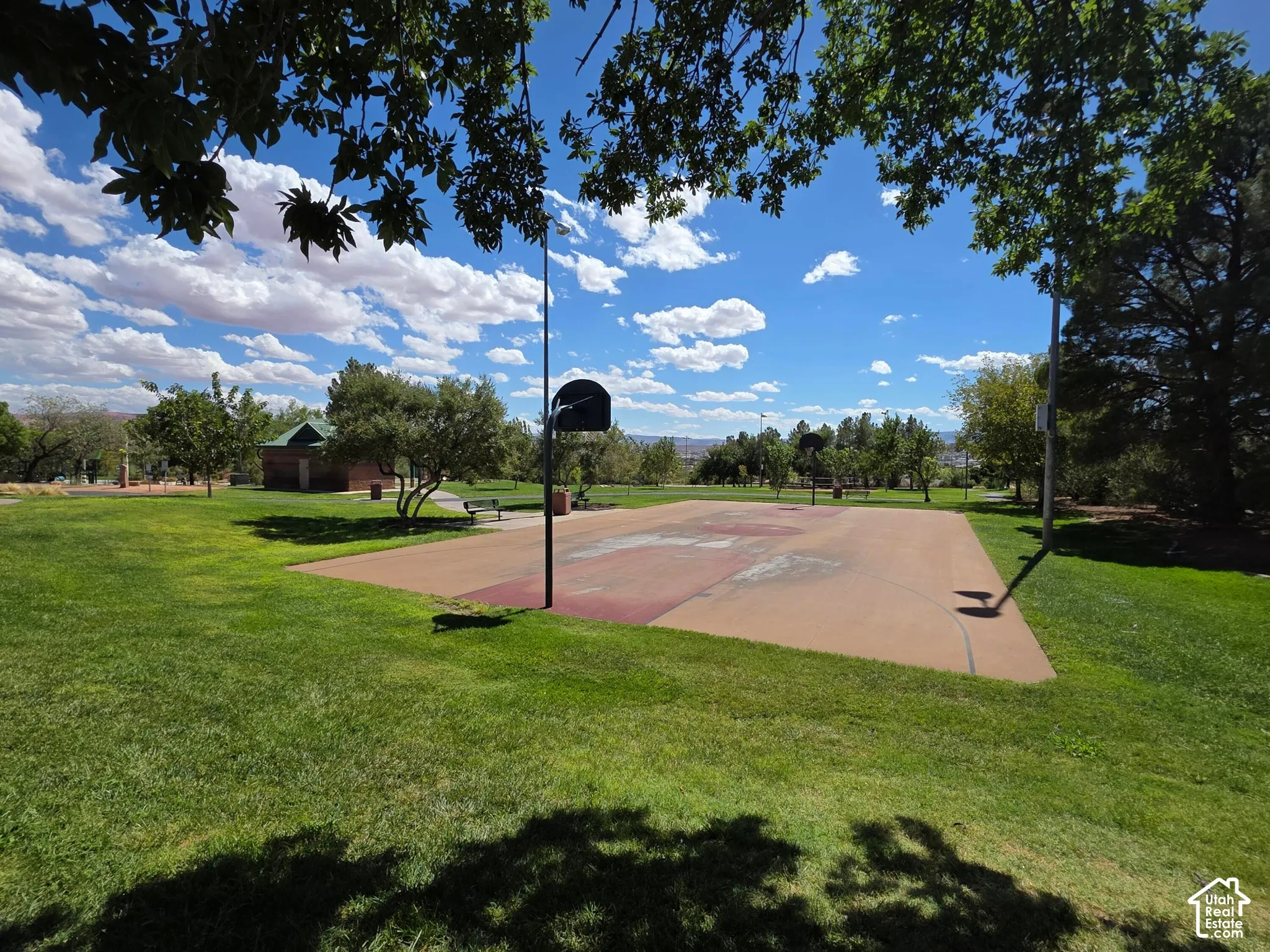Basketball court with an asphalt surface and a single hoop, surrounded by a grassy expanse and mature trees