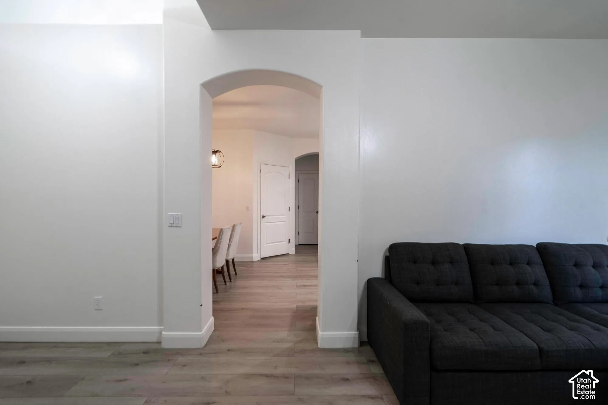 Archway entry with wood-finish flooring
