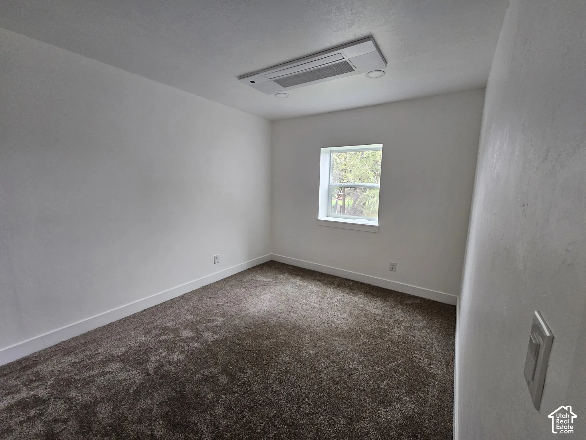 Neutral-toned walls with textured finish, dark carpeting, and a white-trimmed window
