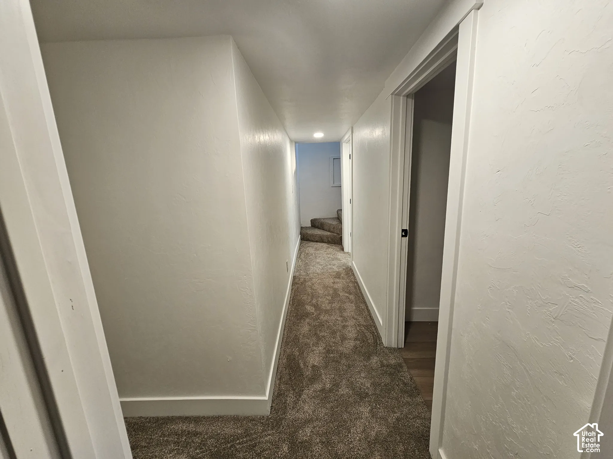 Hallway featuring neutral-toned carpet, white painted walls, and white trim