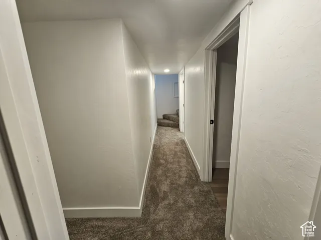 Hallway featuring neutral-toned carpet, white painted walls, and white trim