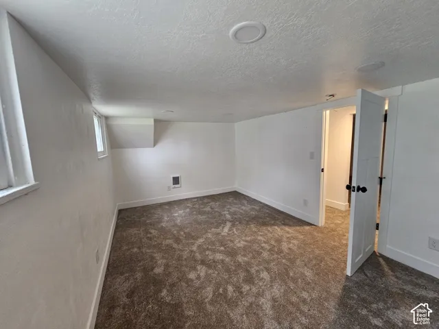 Neutral-toned carpeting, white walls, built-in ceiling lighting, and a white interior door with dark hardware