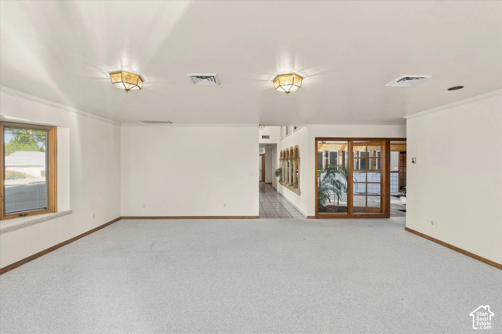 Expansive room featuring light-colored carpeting, white wall finishes, and crown molding