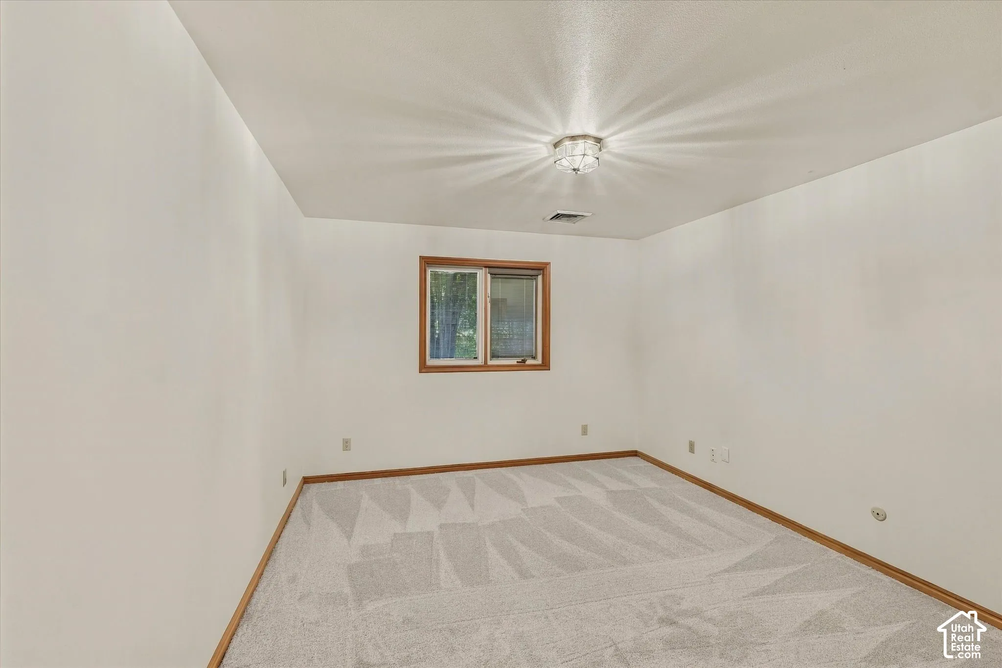 Neutral wall paint, patterned carpet flooring, ceiling-mounted light fixture, and a window with wood trim