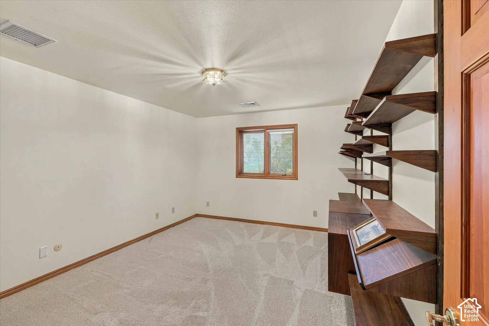 Built-in wood shelving, textured carpeting, wood-trimmed window, ceiling-mounted light fixture, and wood baseboards