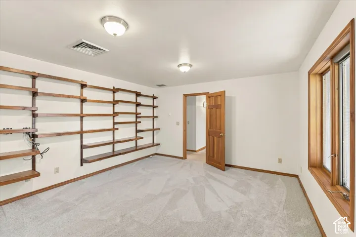 Light-colored carpeting, extensive built-in shelving, natural wood trim, wood-paneled door, and recessed lighting