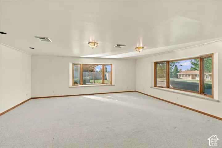 Spacious room featuring light-colored carpeting and white walls