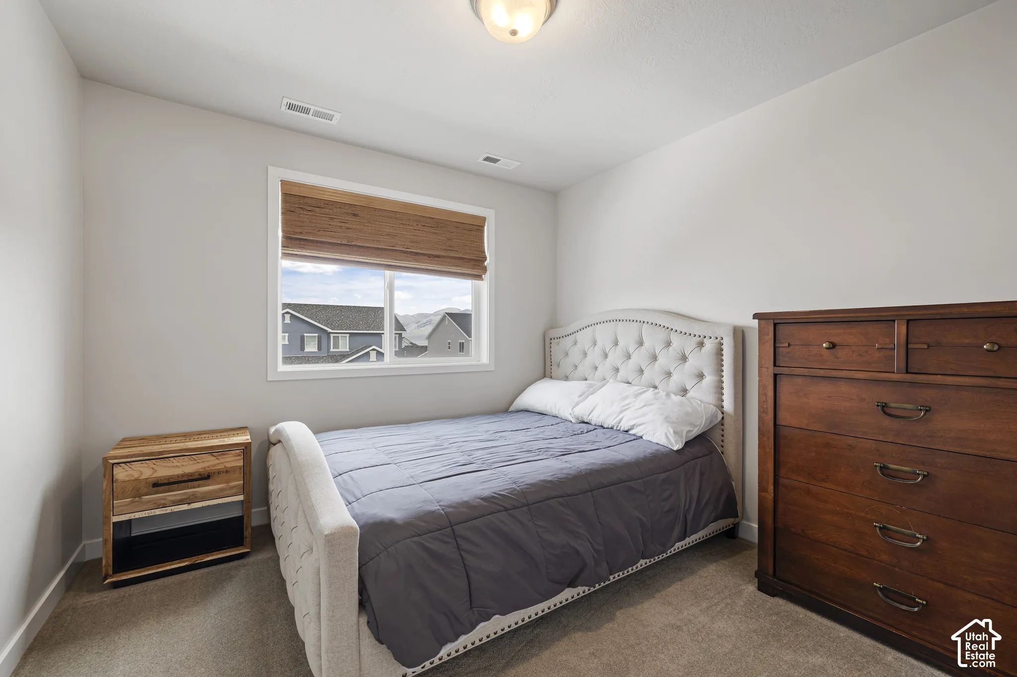 Neutral wall finish, single window with natural fiber window treatment, flush-mount ceiling light fixture, and carpeted flooring