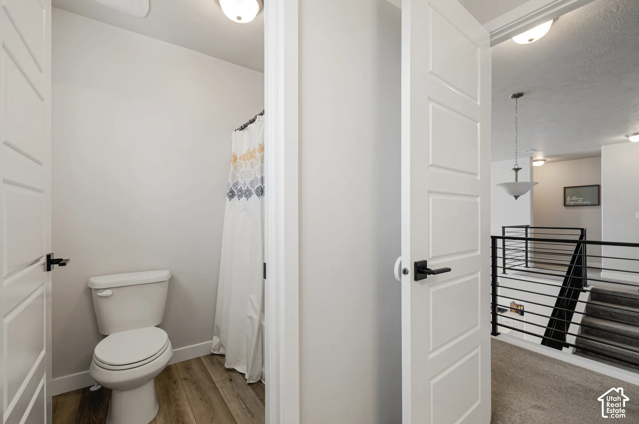White paneled interior door with black hardware, wood-finish flooring, and a white toilet