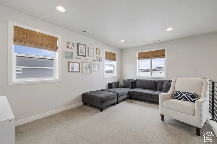 Recessed lighting, light-toned carpeting, multiple windows with blinds, and white wall finishes