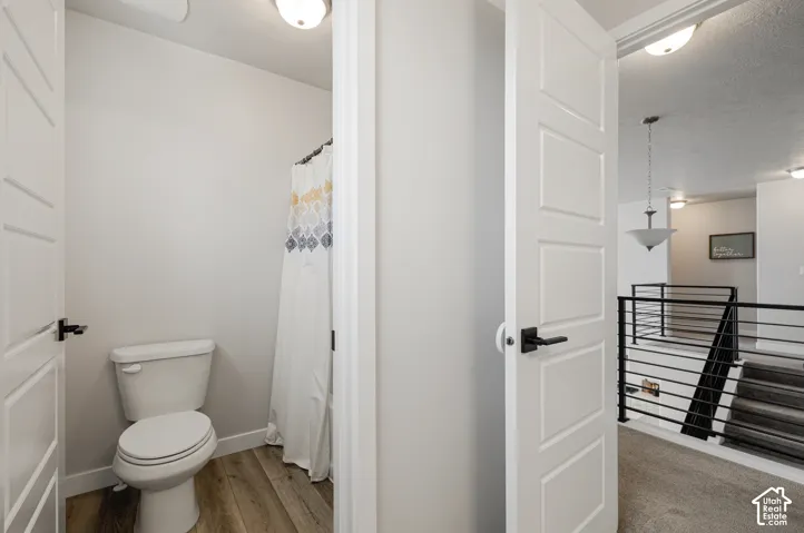White paneled interior door with black hardware, wood-finish flooring, and a white toilet
