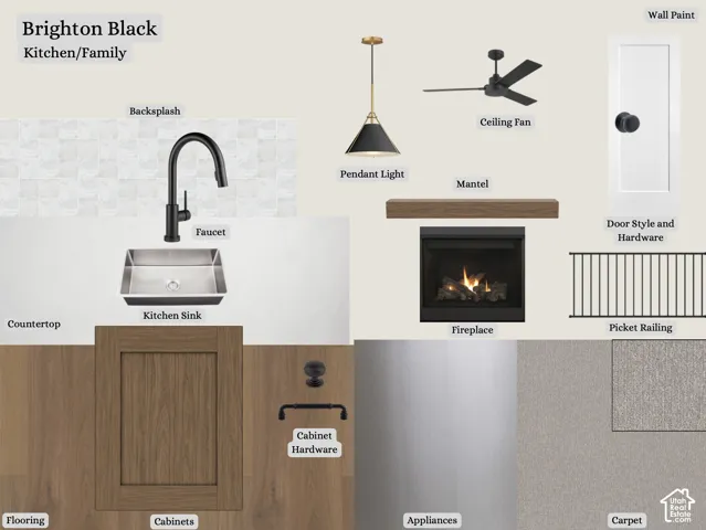 Design Board. Presenting material and fixture selections for the property's Brighton Black Kitchen/Family specifications
