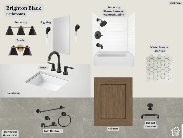 Design Board. Presenting material selections for the property's bathrooms